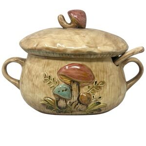 Vintage 70’s Ceramic Mushroom Motif Soup Tureen with Scoop Kitchen Decor